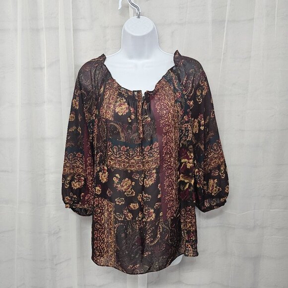 Chaps Burgundy Brown Floral Paisley Patchwork Sheer Peasant Blouse MP - Picture 1 of 12